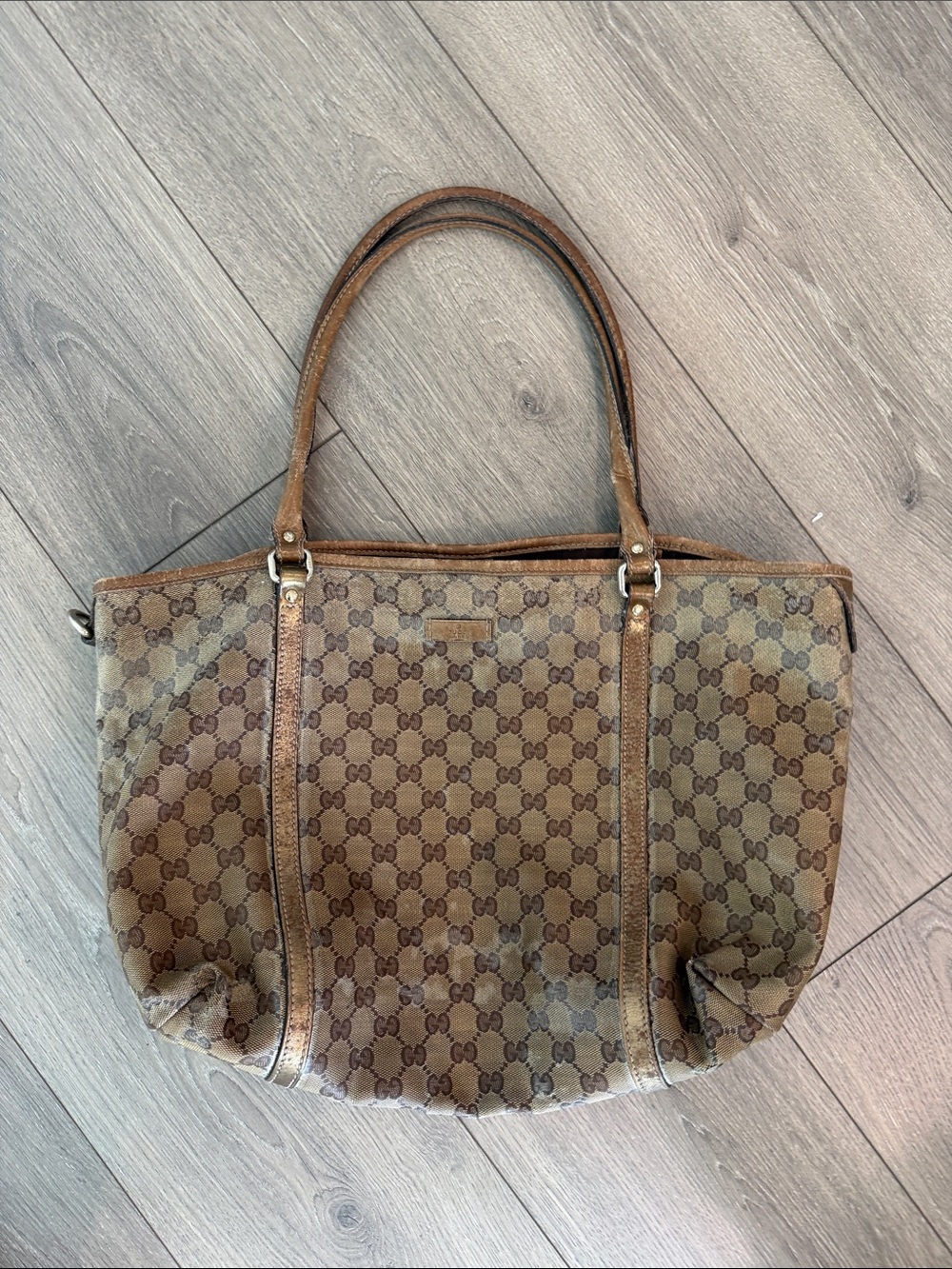 Gucci Brown Monogram Shoulder Bag with Leather Trim